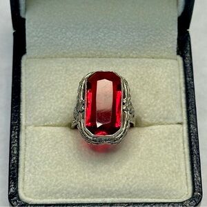 Vintage Sterling Silver Filagree Red Stone Ring Size 5